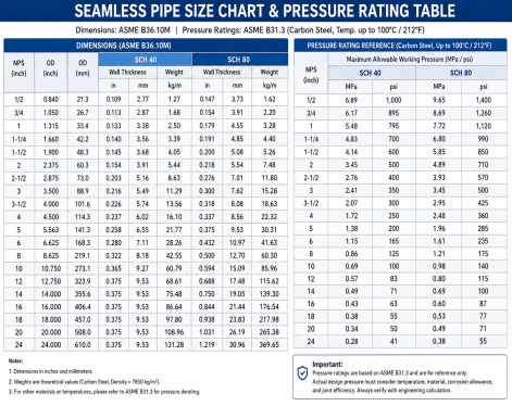 Seamless Pipe Size  and Pressure Rating Reference Chart